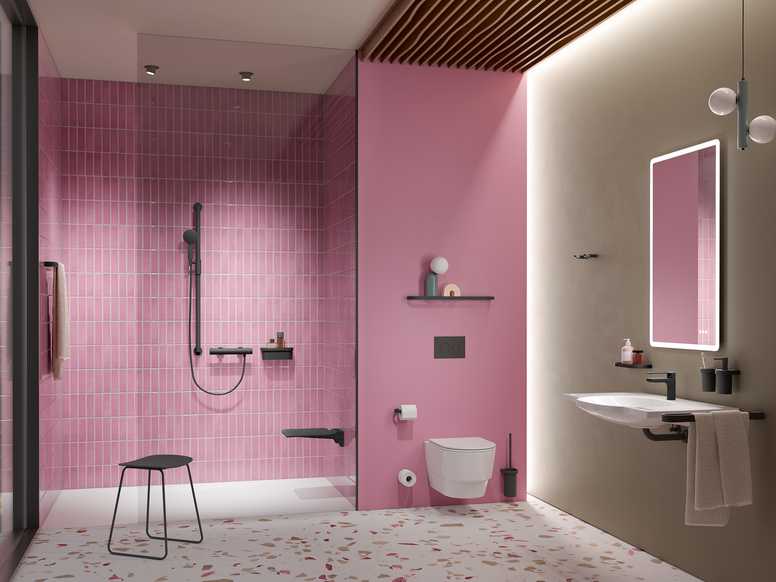 Salle de bain avec lavabo, espace douche et WC