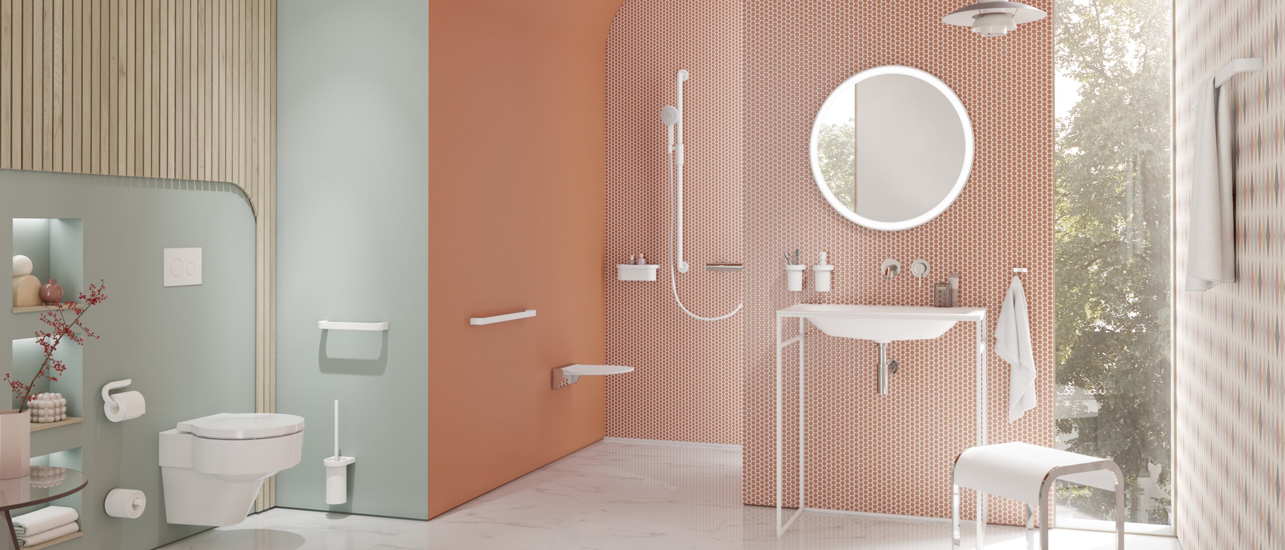 Salle de bain moderne avec lavabo, espace douche et WC