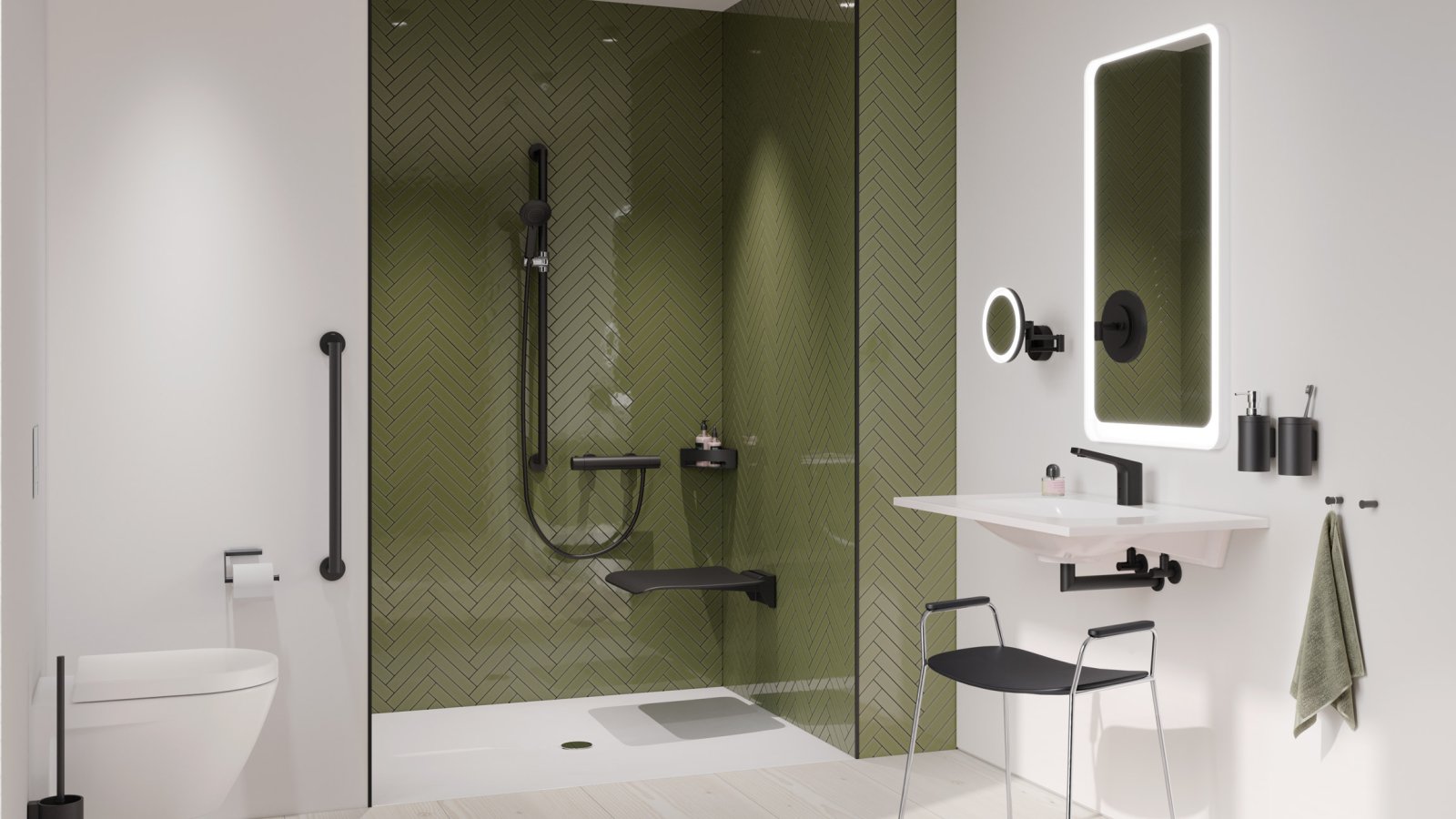 Barrier-free bathroom with washbasin, shower area and WC