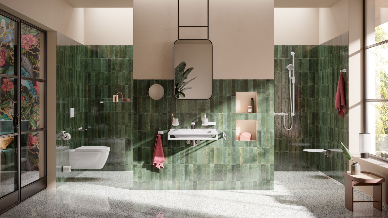 Bathroom with green tiles, WC area, shower area and washbasin, equipped with white sanitary accessories