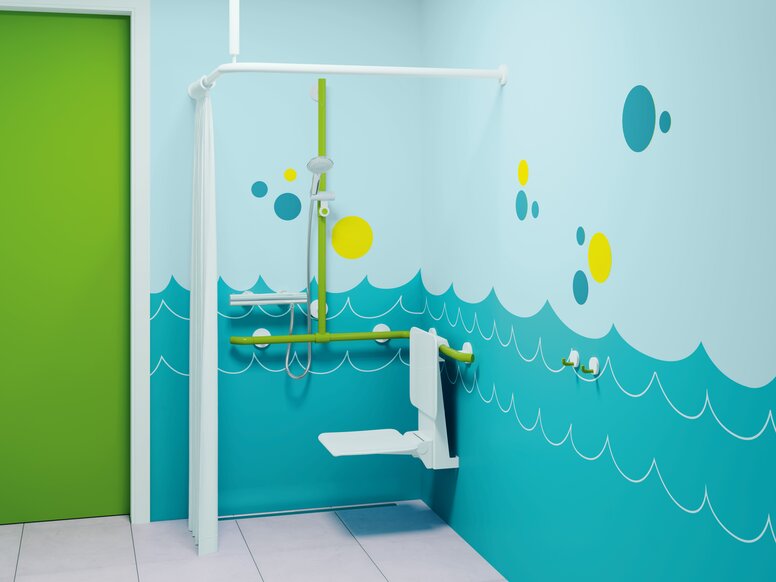 Espace douche accessible pour les enfants en bleu-vert