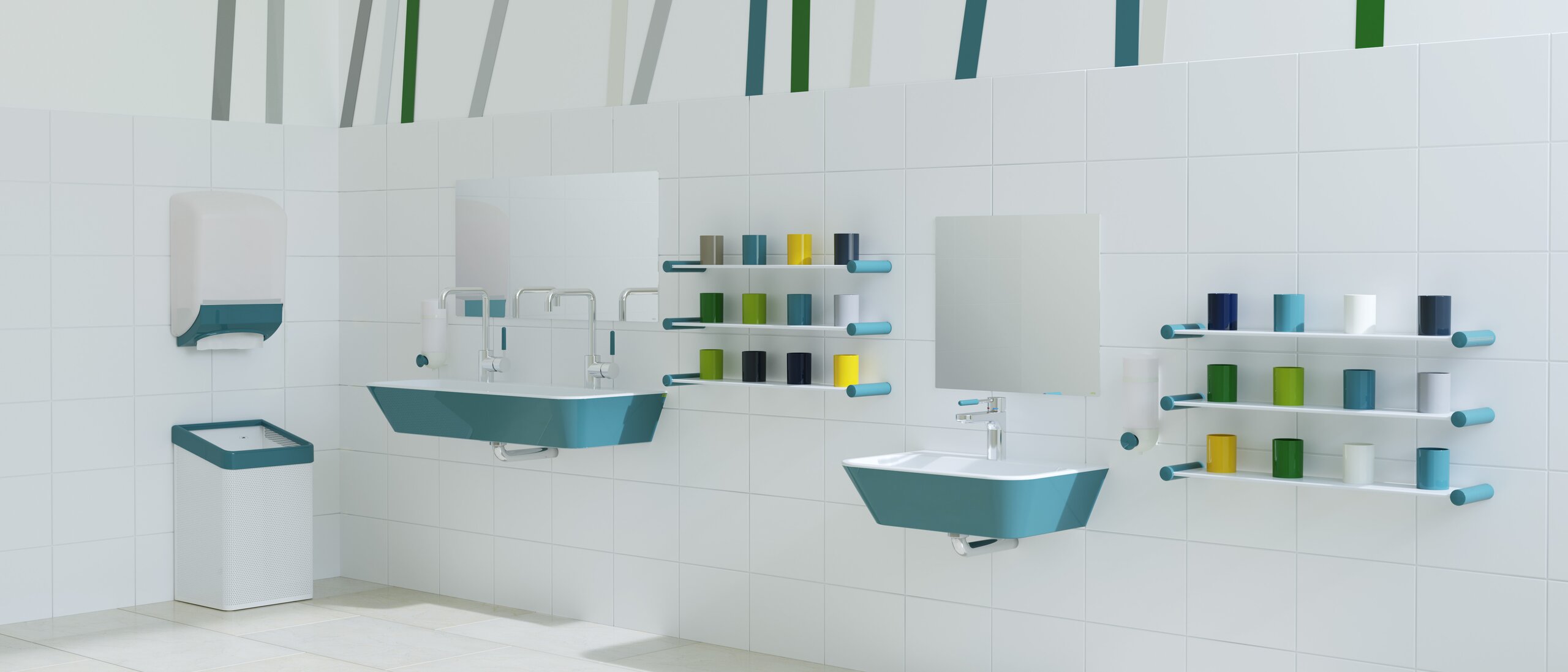 Two washbasins at different heights next to colourful toothbrush mugs