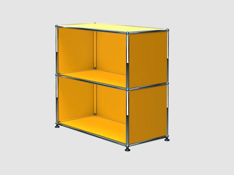 Armoire ouverte avec deux compartiments en jaune et structure chromée