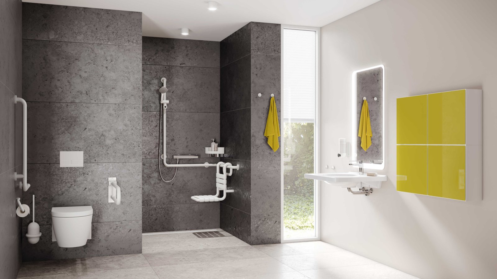 Barrier-free bathroom with washbasin, shower area and WC Series 477/801