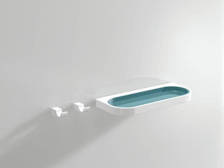 Shelf and towel hook in the colour aqua blue