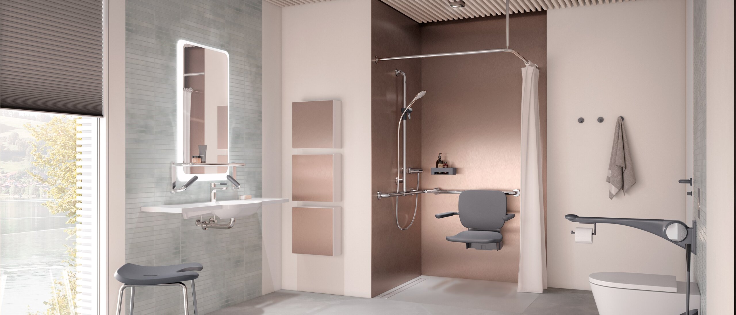 Salle de bain de soins sans barrière avec lavabo, espace douche et WC