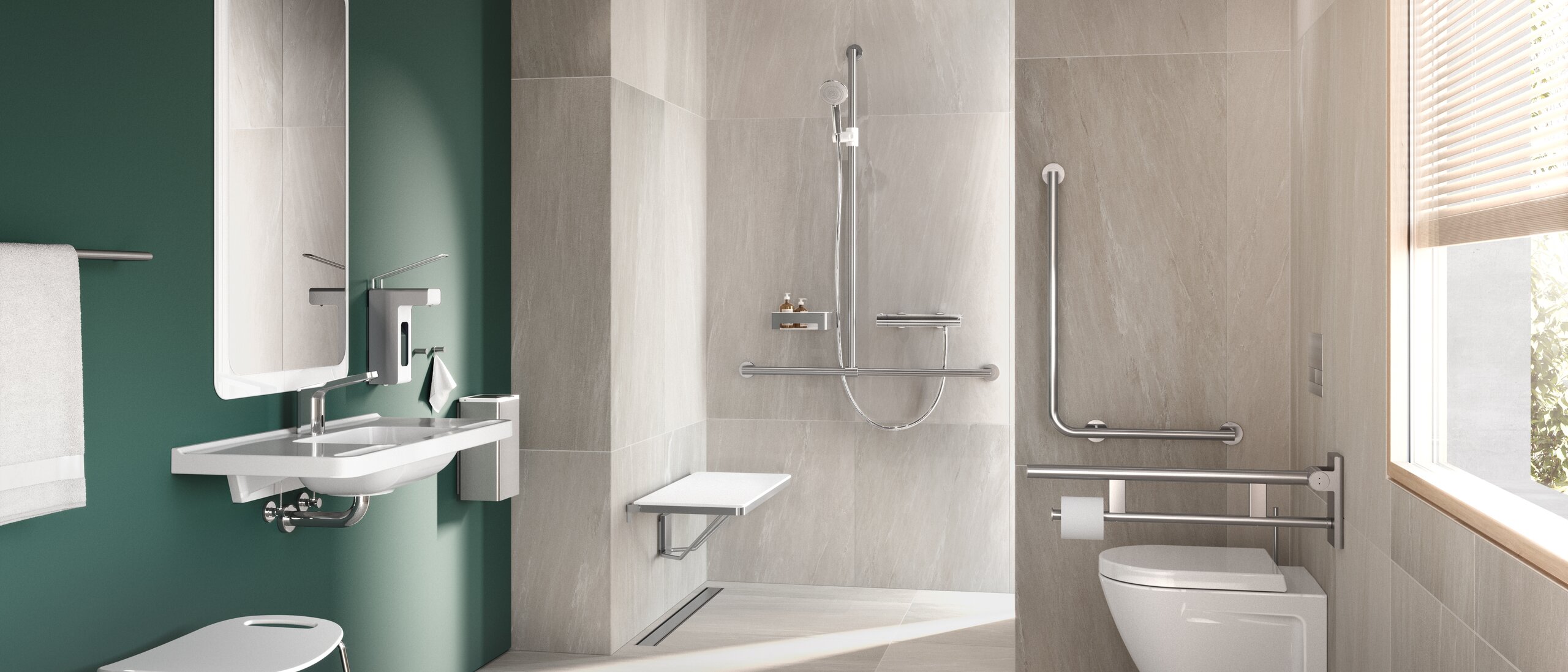 Barrier-free bathroom with washbasin, shower area and WC System 900 stainless steel