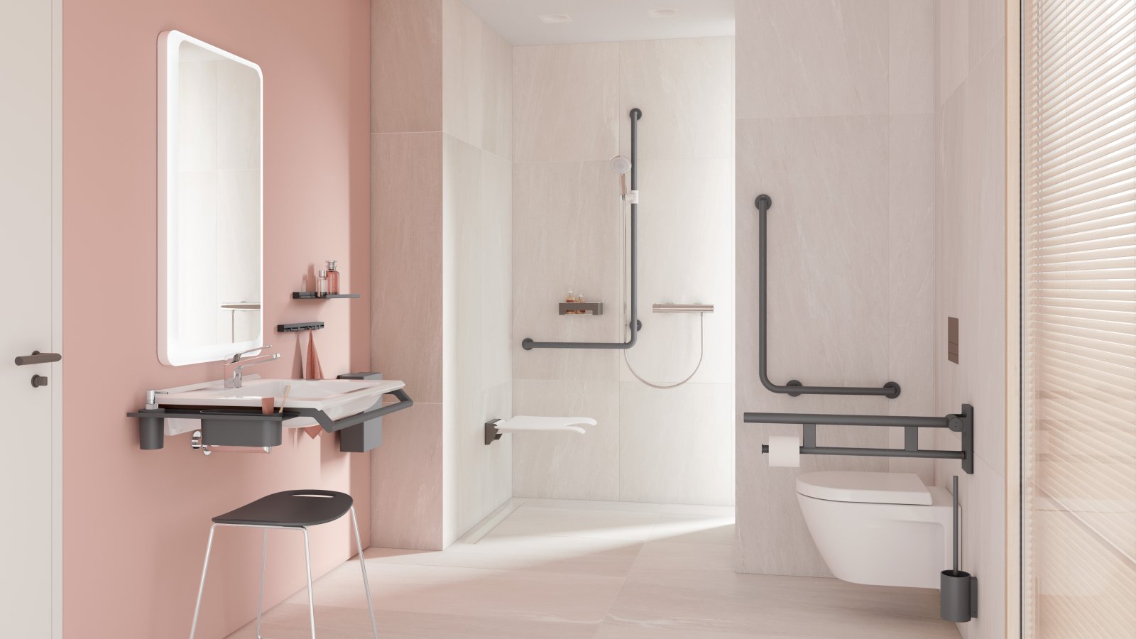 Salle de bain accessible avec lavabo, espace douche et WC