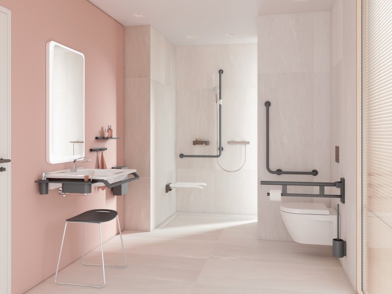 Salle de bain accessible avec lavabo, espace douche et WC