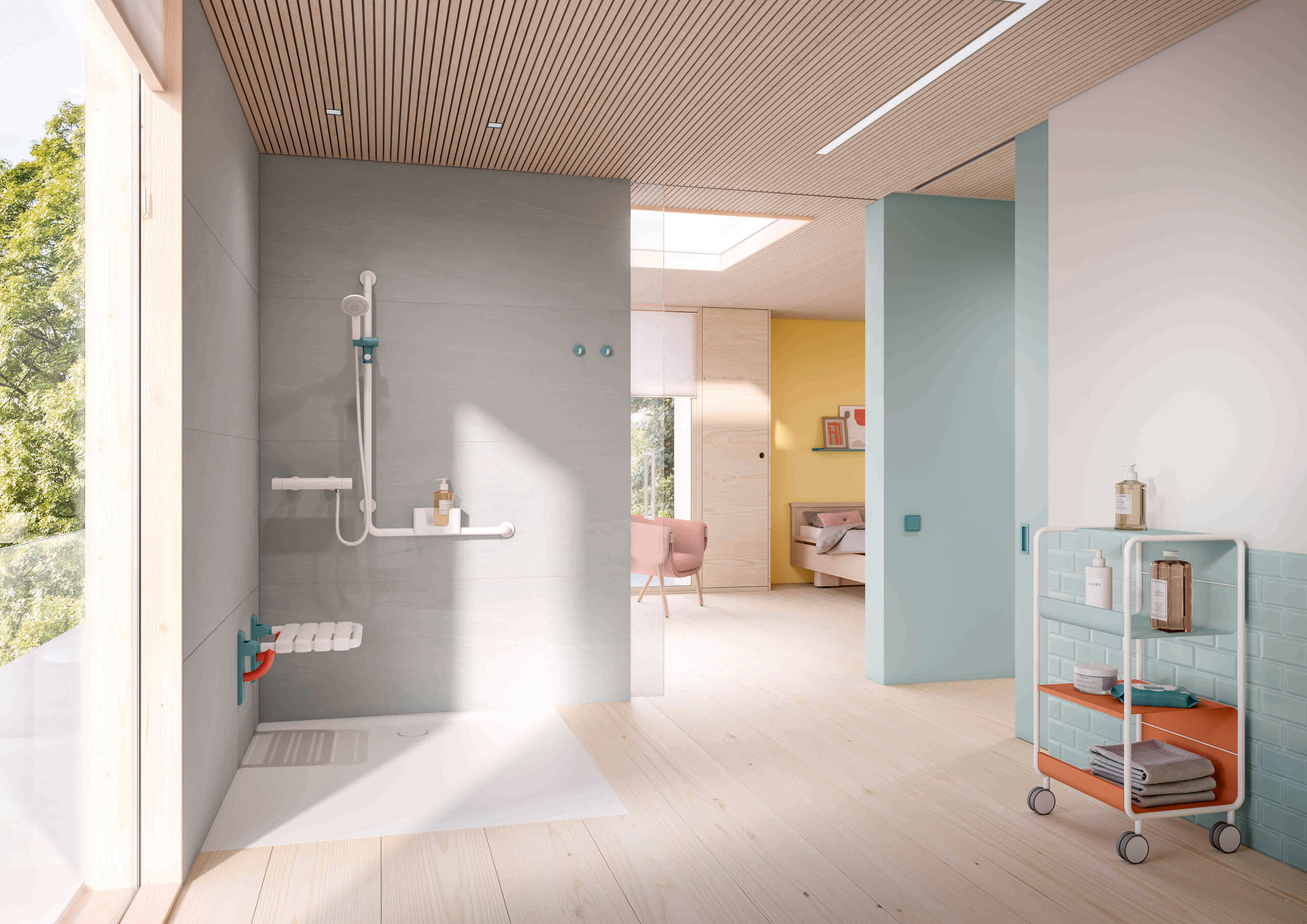 Espace douche accessible d'une chambre de patient