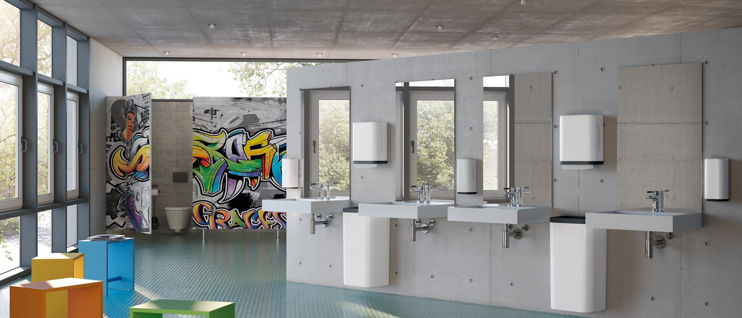 Colorful school toilet in matt anthracite