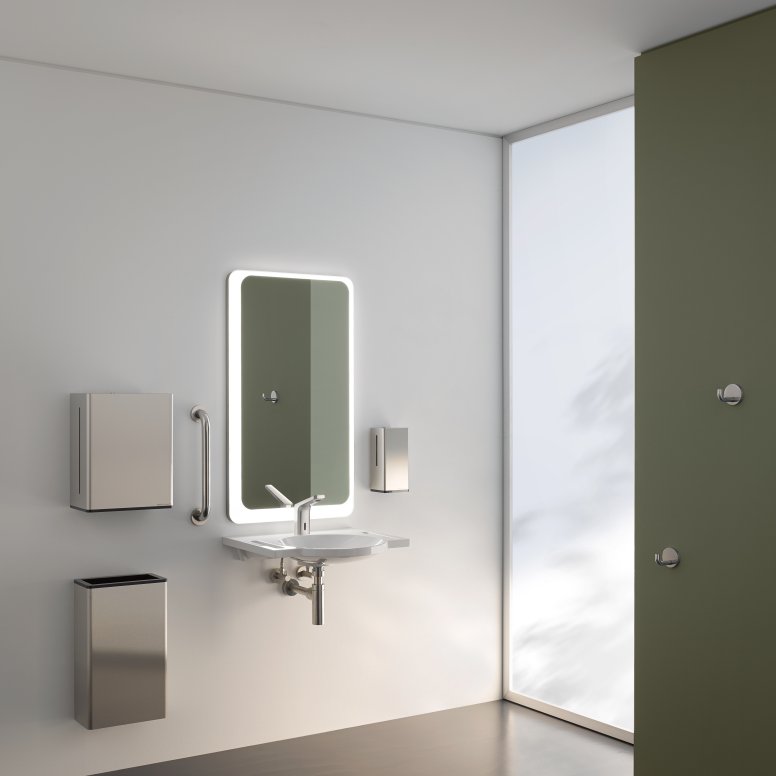 Barrier-free washbasin in public areas with grab rail, waste bin, soap and paper towel dispenser in matt stainless steel