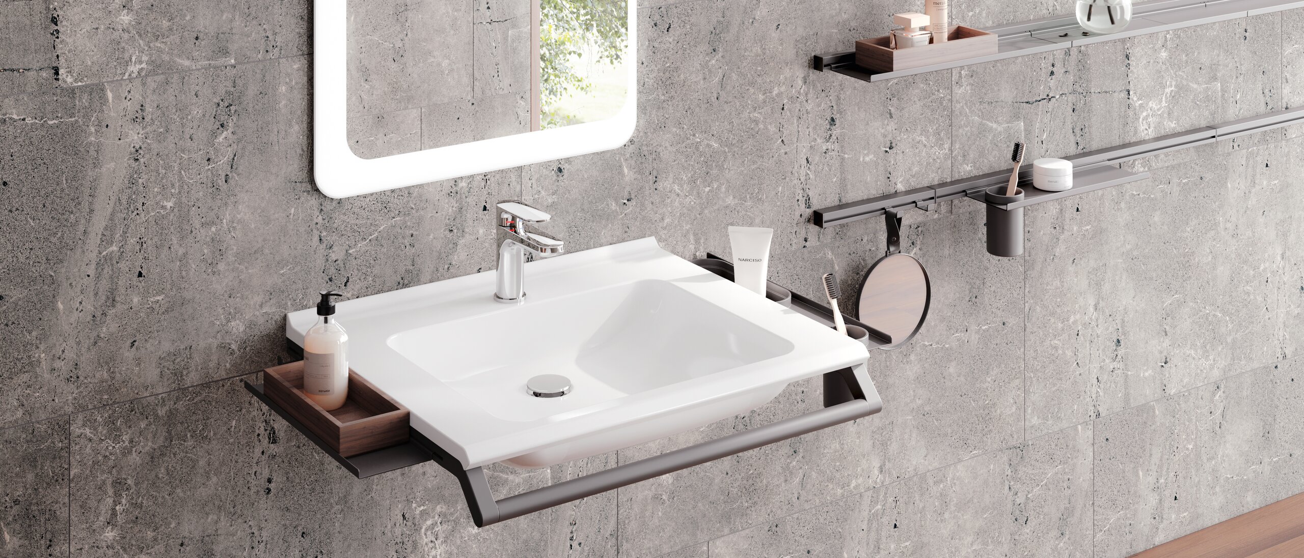 Lavabo modulaire avec poignée et étagères pour les ustensiles de bain en gris foncé mat en acier inoxydable