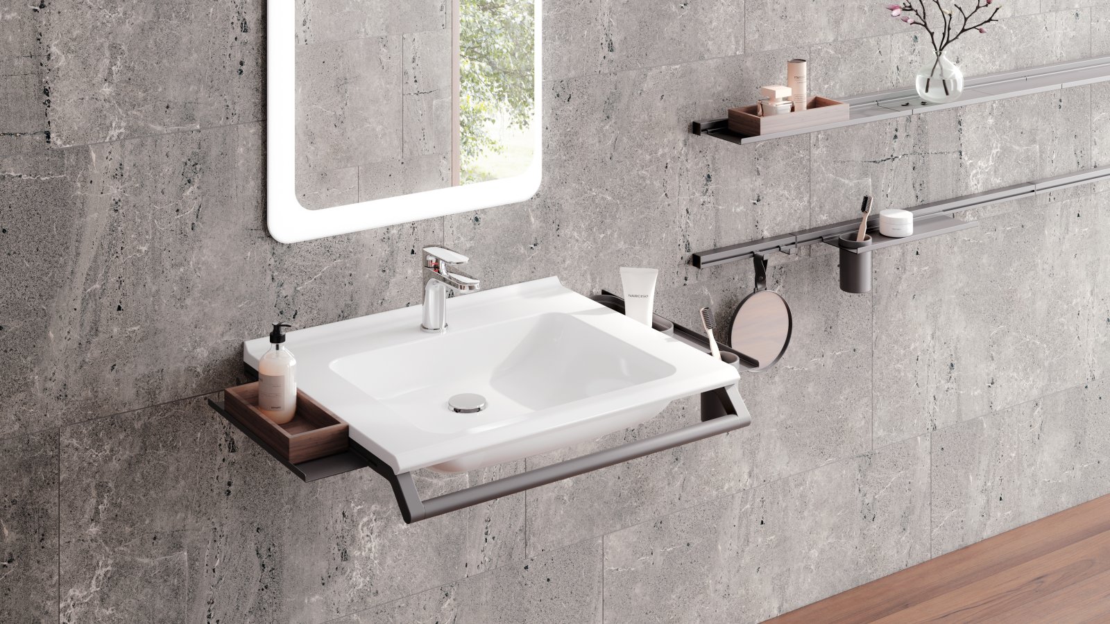 Modular washbasin with grab rail and shelves for bathroom utensils in dark gray matt stainless steel