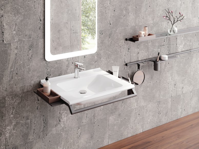 Lavabo modulaire avec poignée et étagères pour les ustensiles de bain en gris foncé mat en acier inoxydable