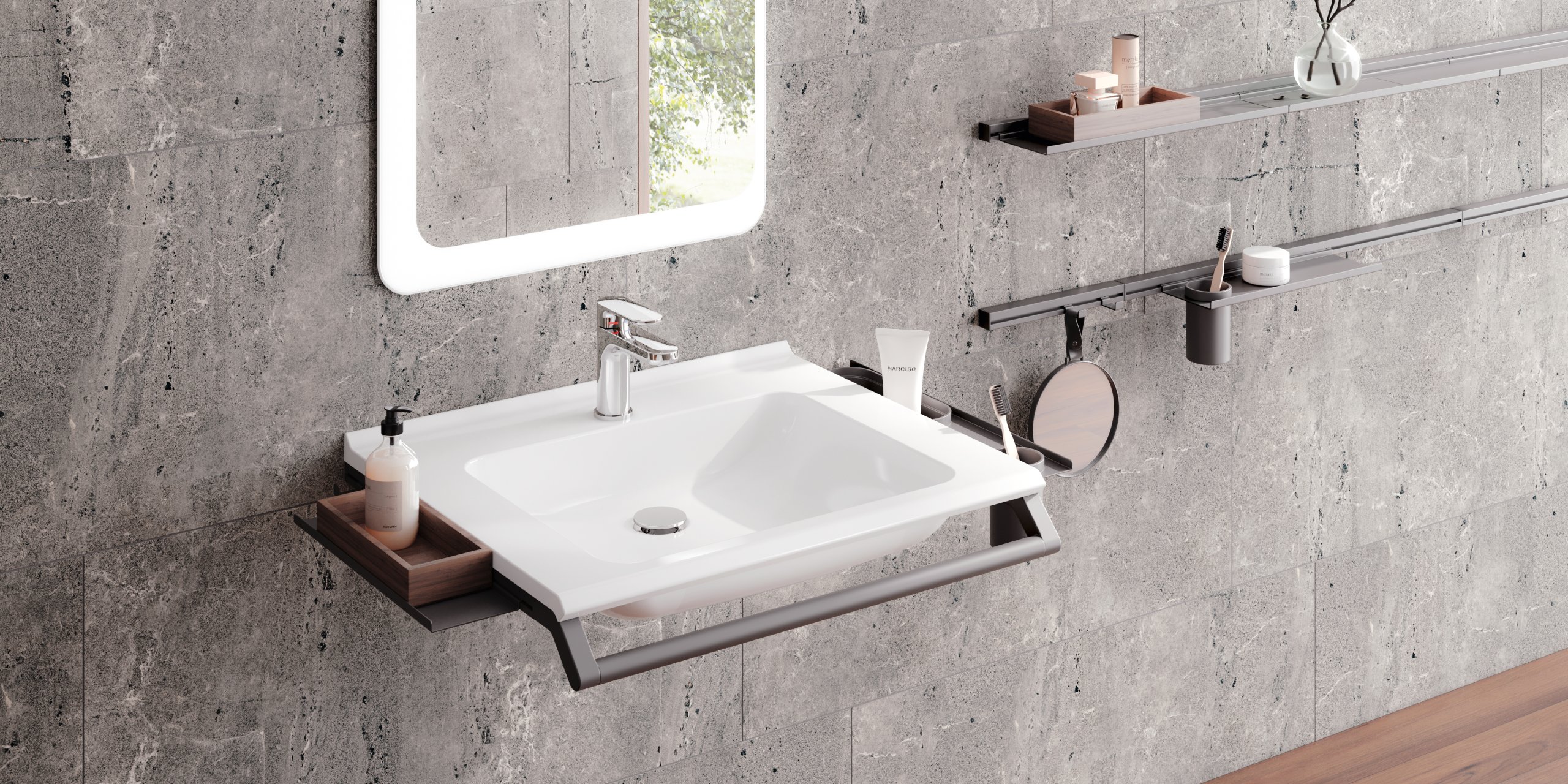 Modular washbasin with grab rail and shelves for bathroom utensils in dark gray matt stainless steel