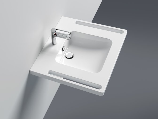 Washbasin with overflow, integrated side handles and single-lever tap in chrome