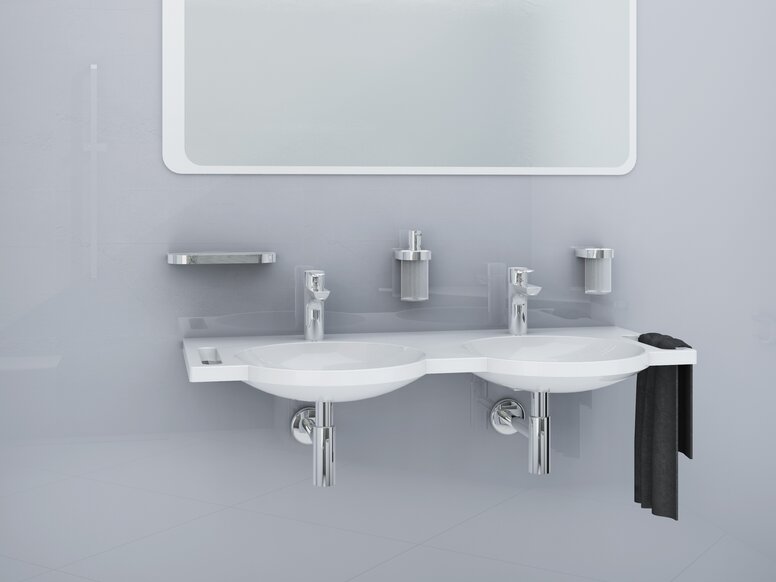 lavabo double avec barre d'appui, vasque ronde, mitigeur chromé, distributeur de savon, gobelet et tablette